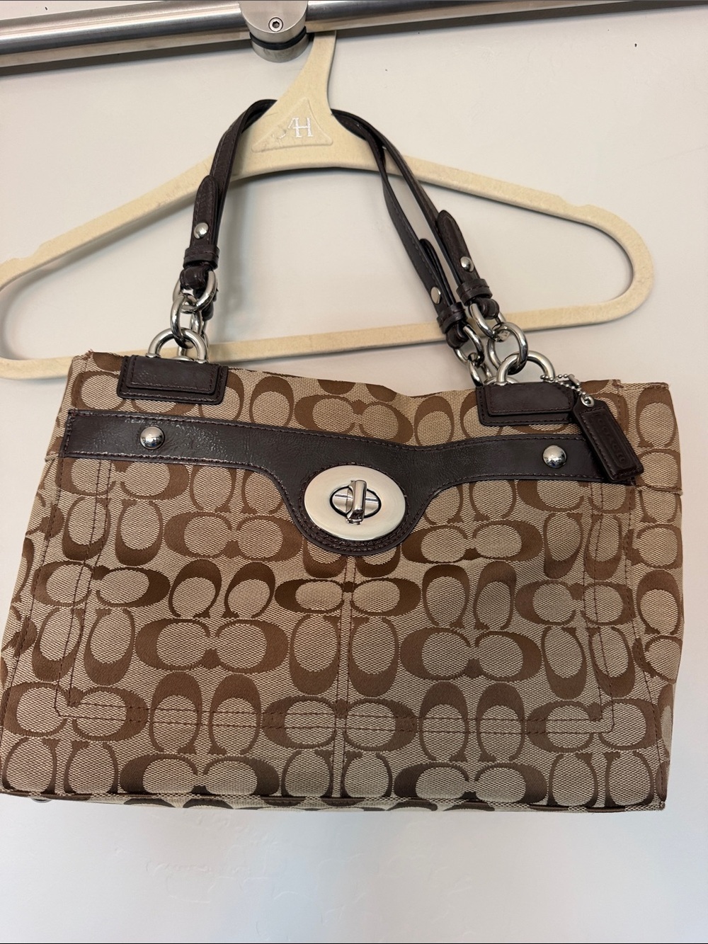 Coach F16540 Brown Signature Canvas Shoulder Bag with Dark Leather Trim
